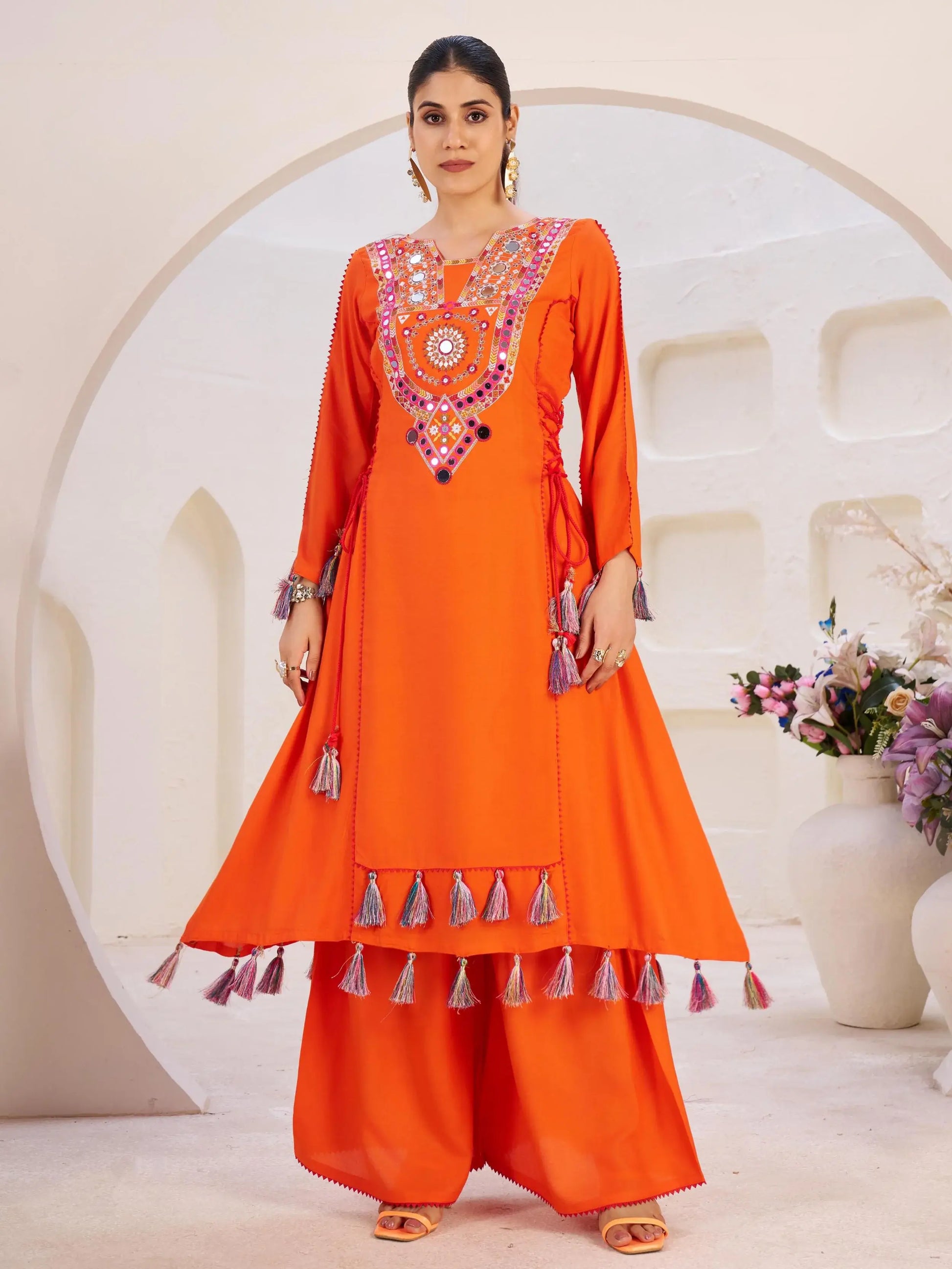 Aesthetic Orange Thread Embroidered Rayon Designer Co-Ord Set - Zeel Clothing