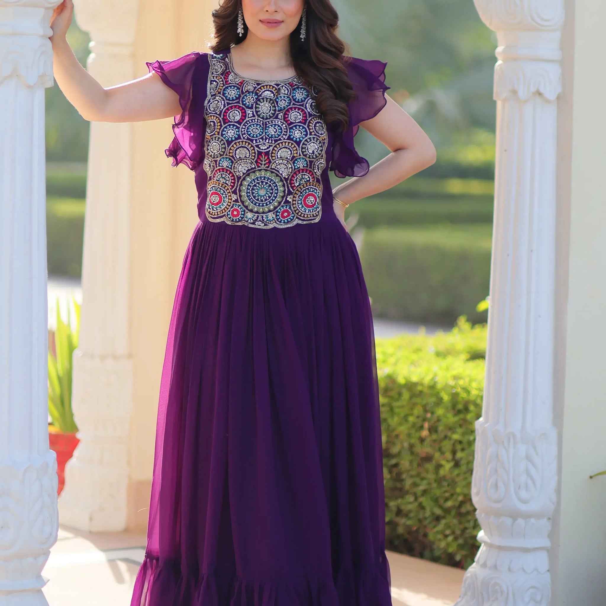 Aesthetic Purple Bead Embroidery Georgette Festive Wear Gown - Zeel Clothing