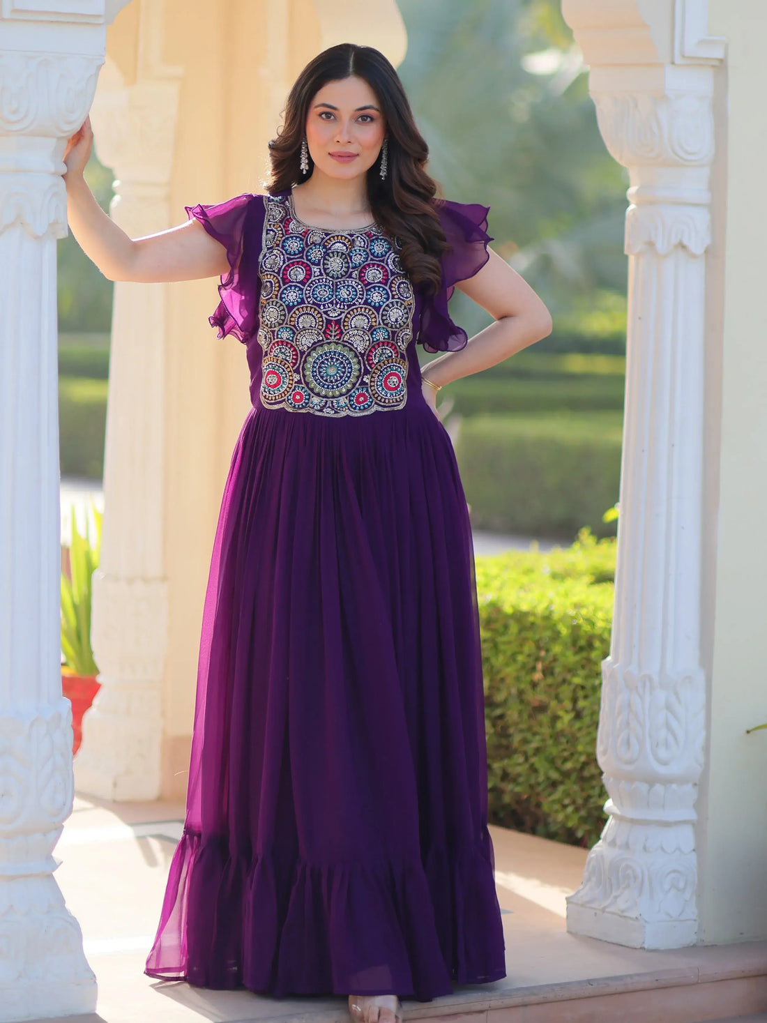Aesthetic Purple Bead Embroidery Georgette Festive Wear Gown - Zeel Clothing