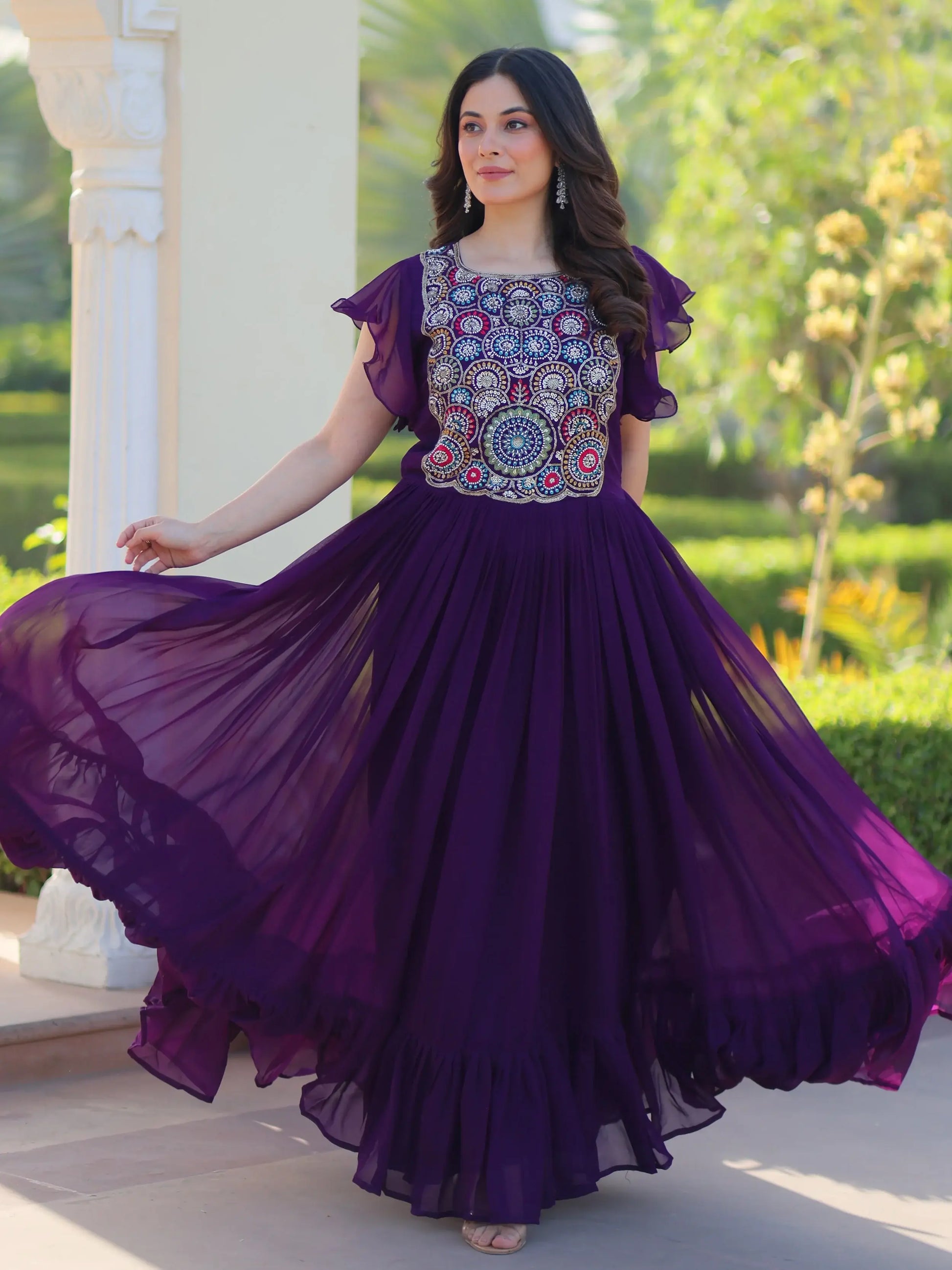 Aesthetic Purple Bead Embroidery Georgette Festive Wear Gown - Zeel Clothing