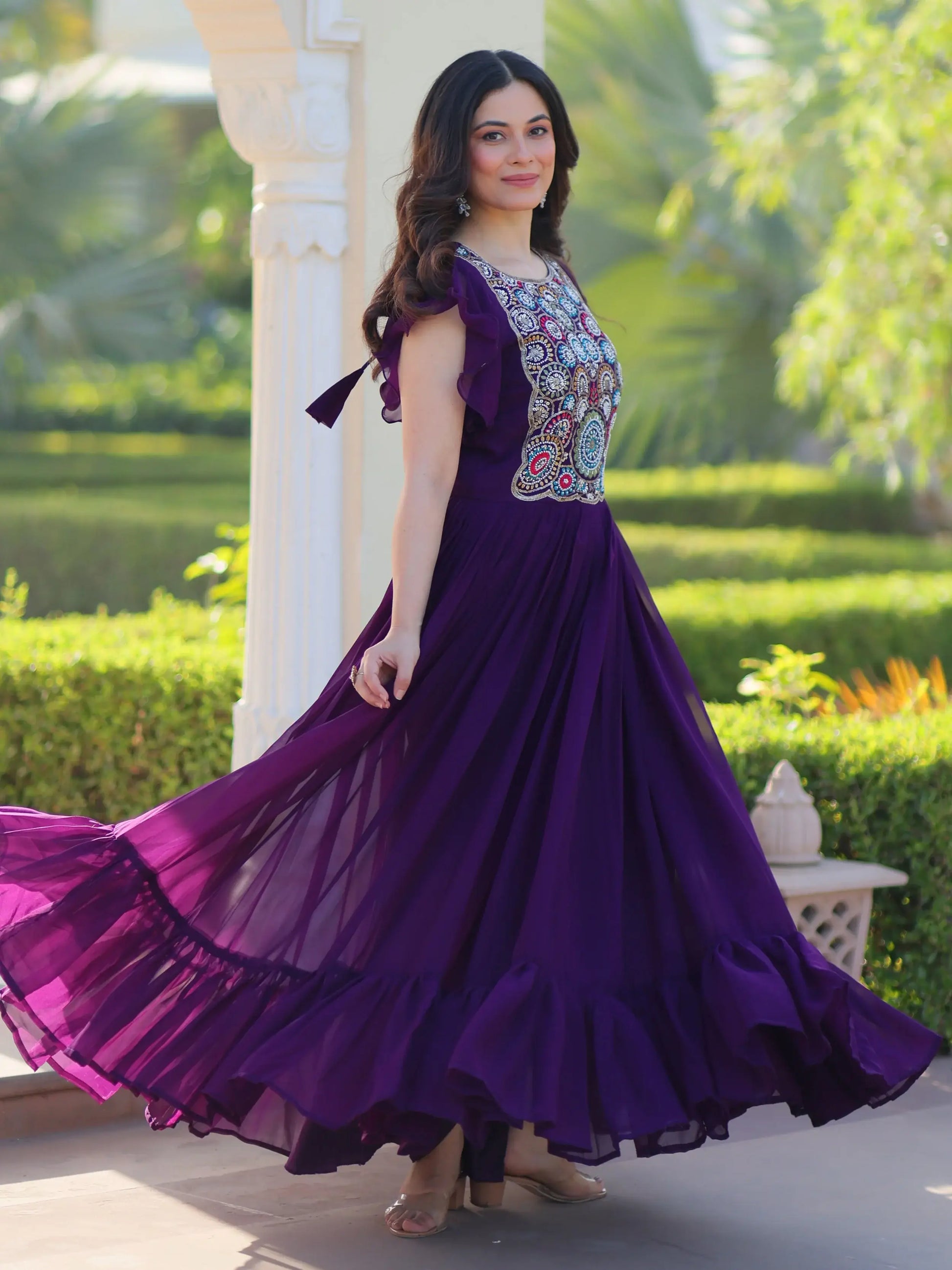 Aesthetic Purple Bead Embroidery Georgette Festive Wear Gown - Zeel Clothing