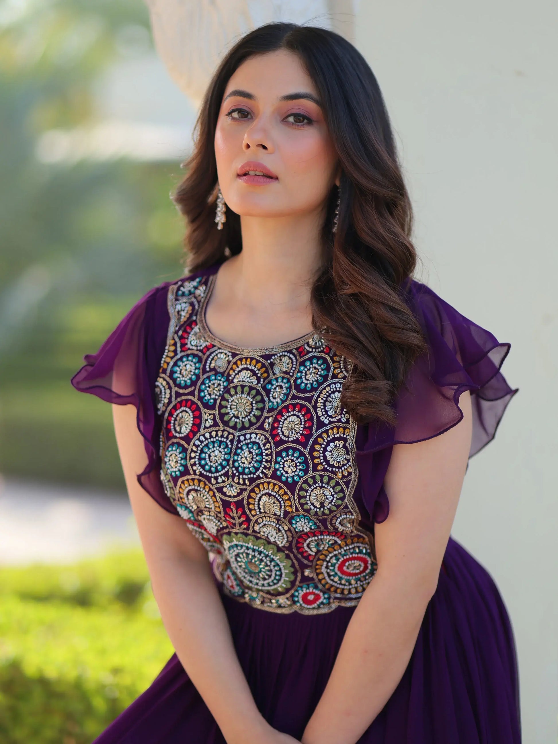 Aesthetic Purple Bead Embroidery Georgette Festive Wear Gown - Zeel Clothing