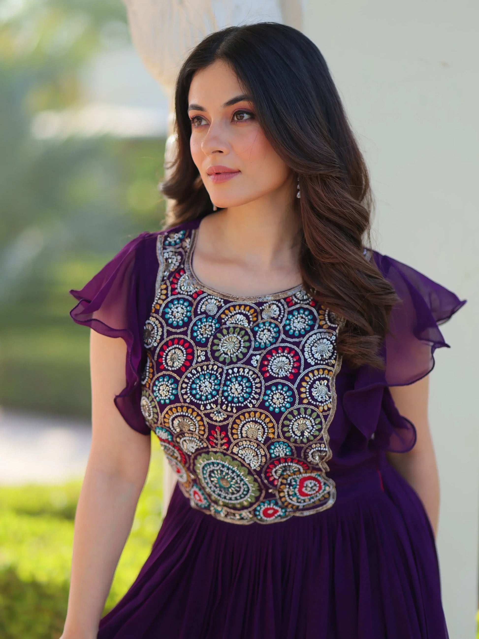Aesthetic Purple Bead Embroidery Georgette Festive Wear Gown - Zeel Clothing