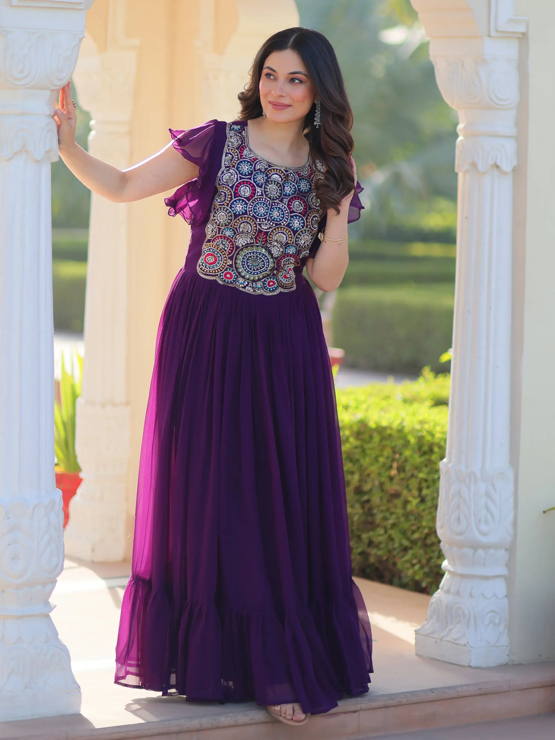 Aesthetic Purple Bead Embroidery Georgette Festive Wear Gown - Zeel Clothing