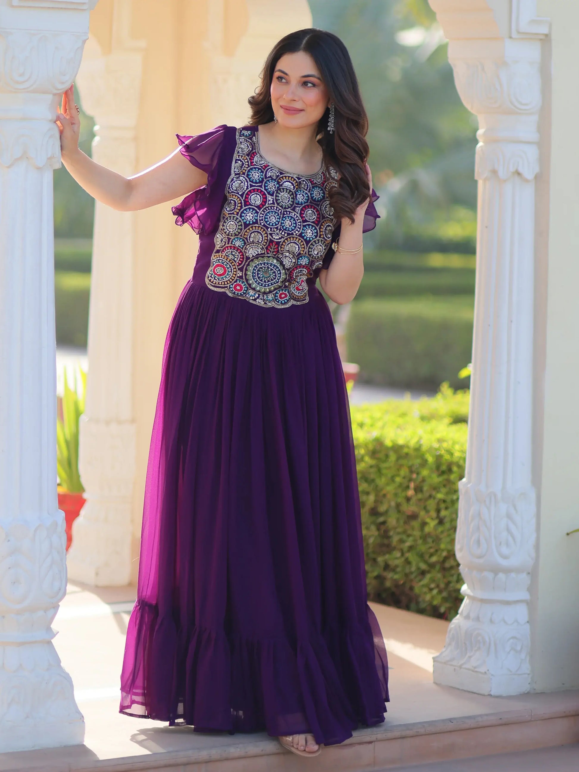 Aesthetic Purple Bead Embroidery Georgette Festive Wear Gown - Zeel Clothing