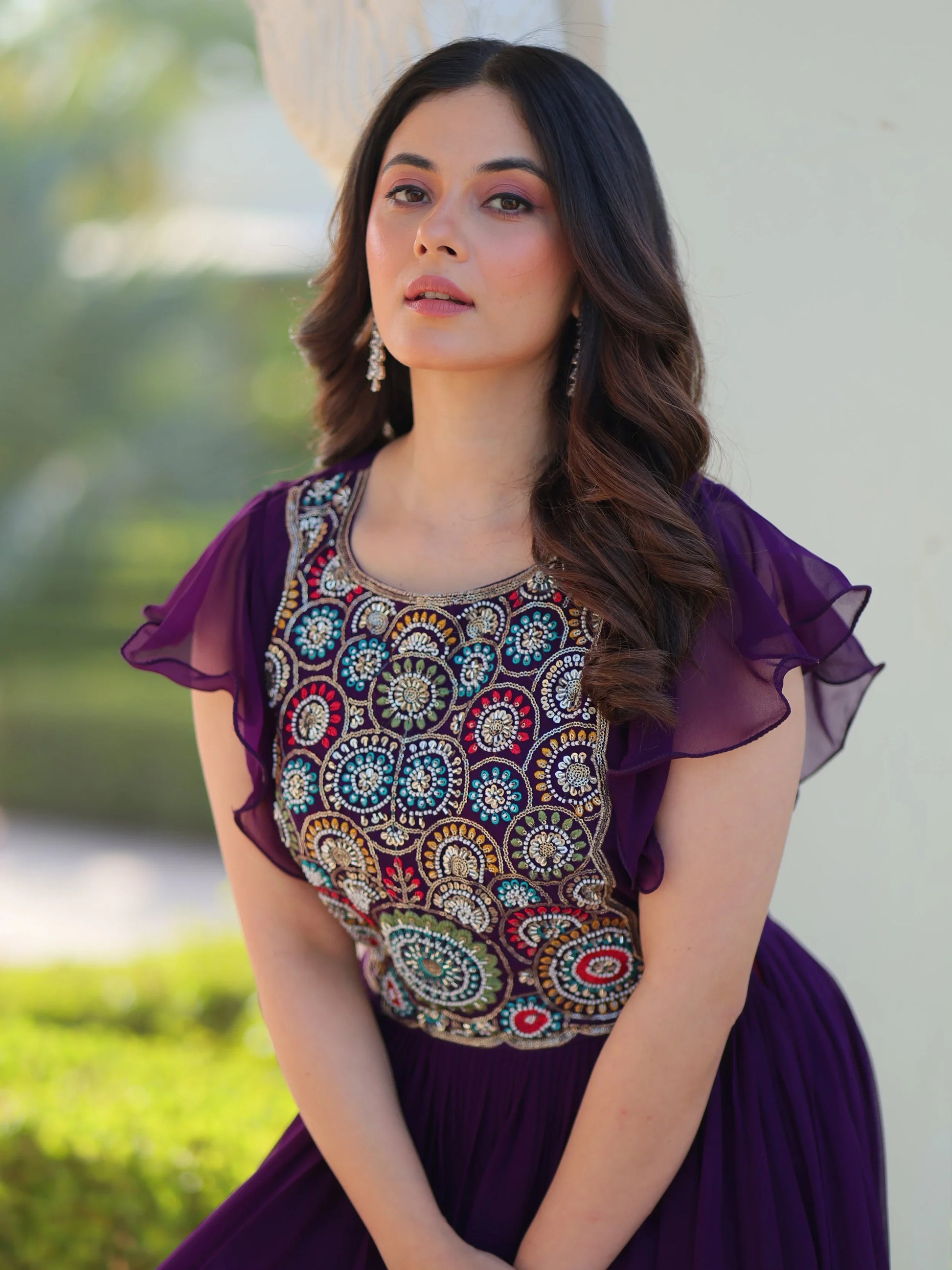 Aesthetic Purple Bead Embroidery Georgette Festive Wear Gown - Zeel Clothing