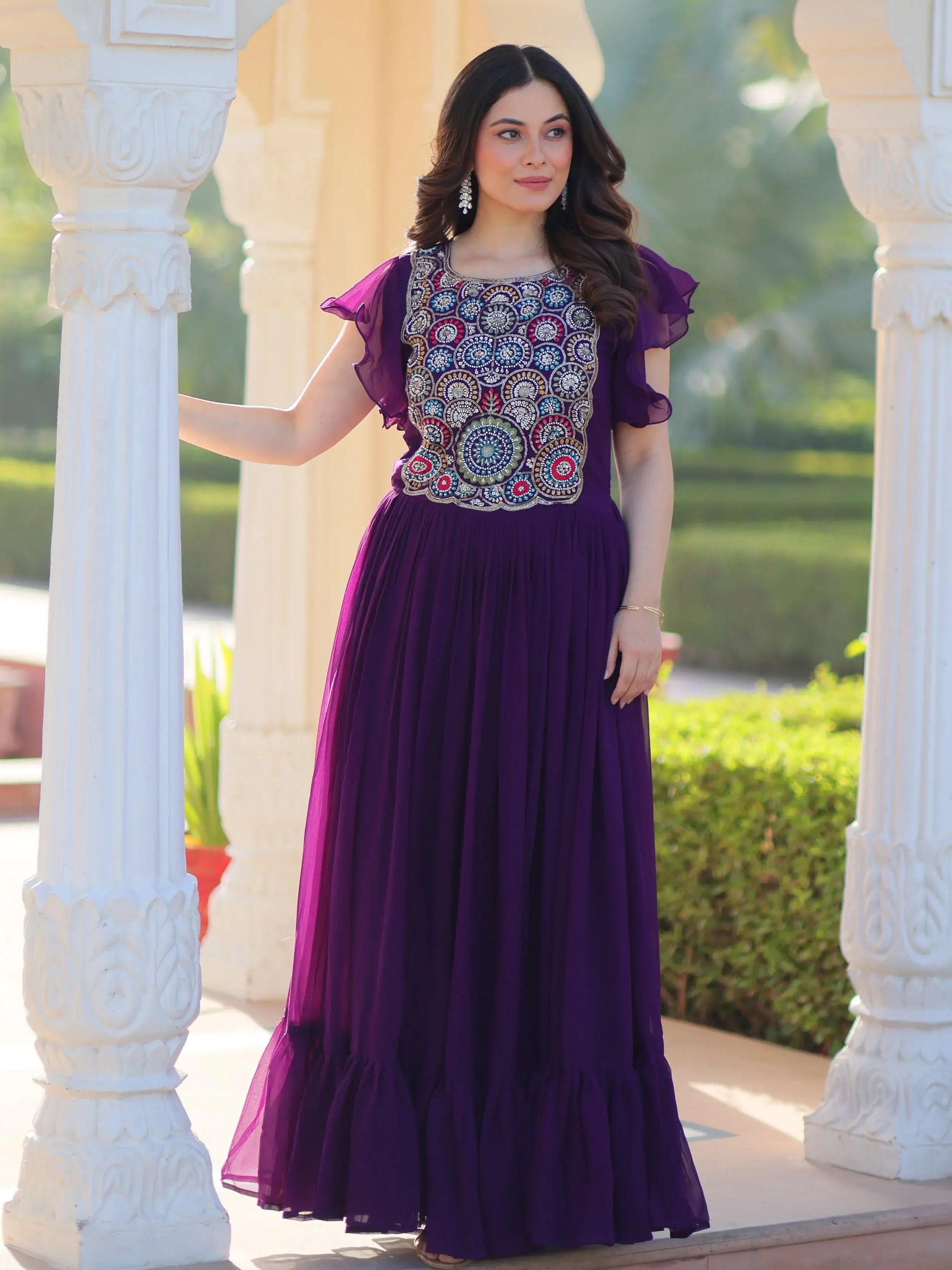 Aesthetic Purple Bead Embroidery Georgette Festive Wear Gown - Zeel Clothing