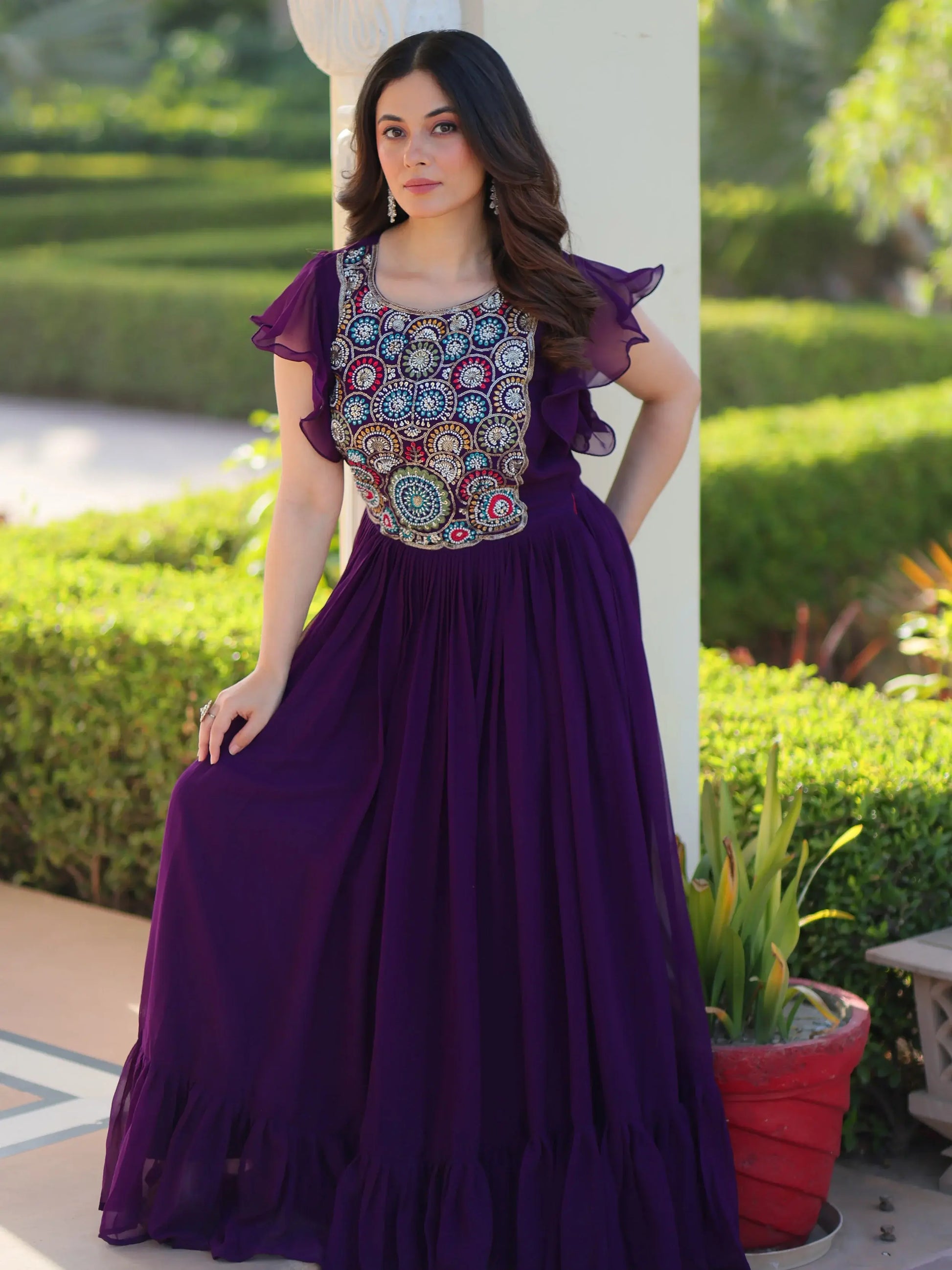 Aesthetic Purple Bead Embroidery Georgette Festive Wear Gown - Zeel Clothing