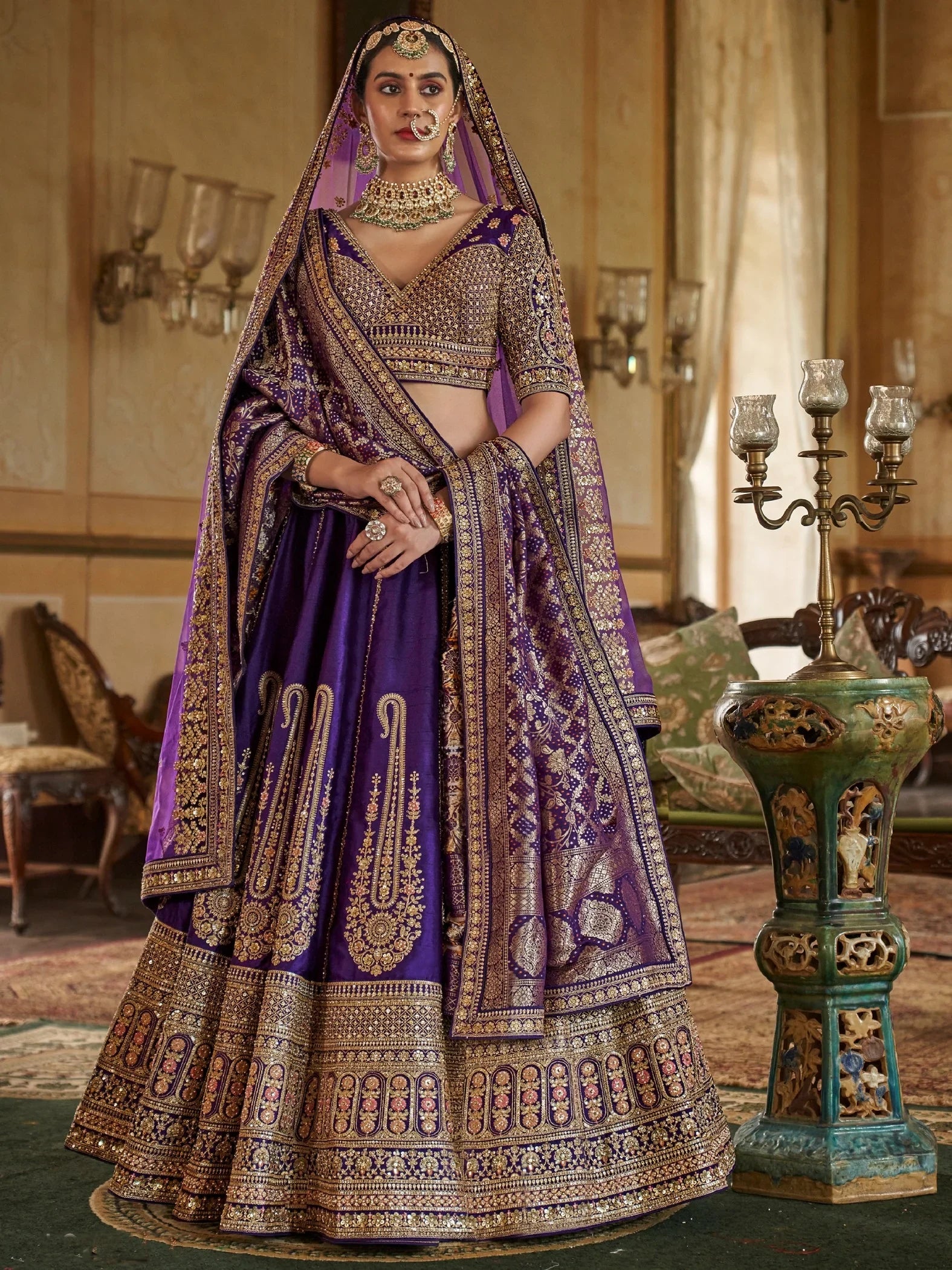 Aesthetic Purple Pearl Work Silk Bridal Lehenga Choli With Double Dupatta