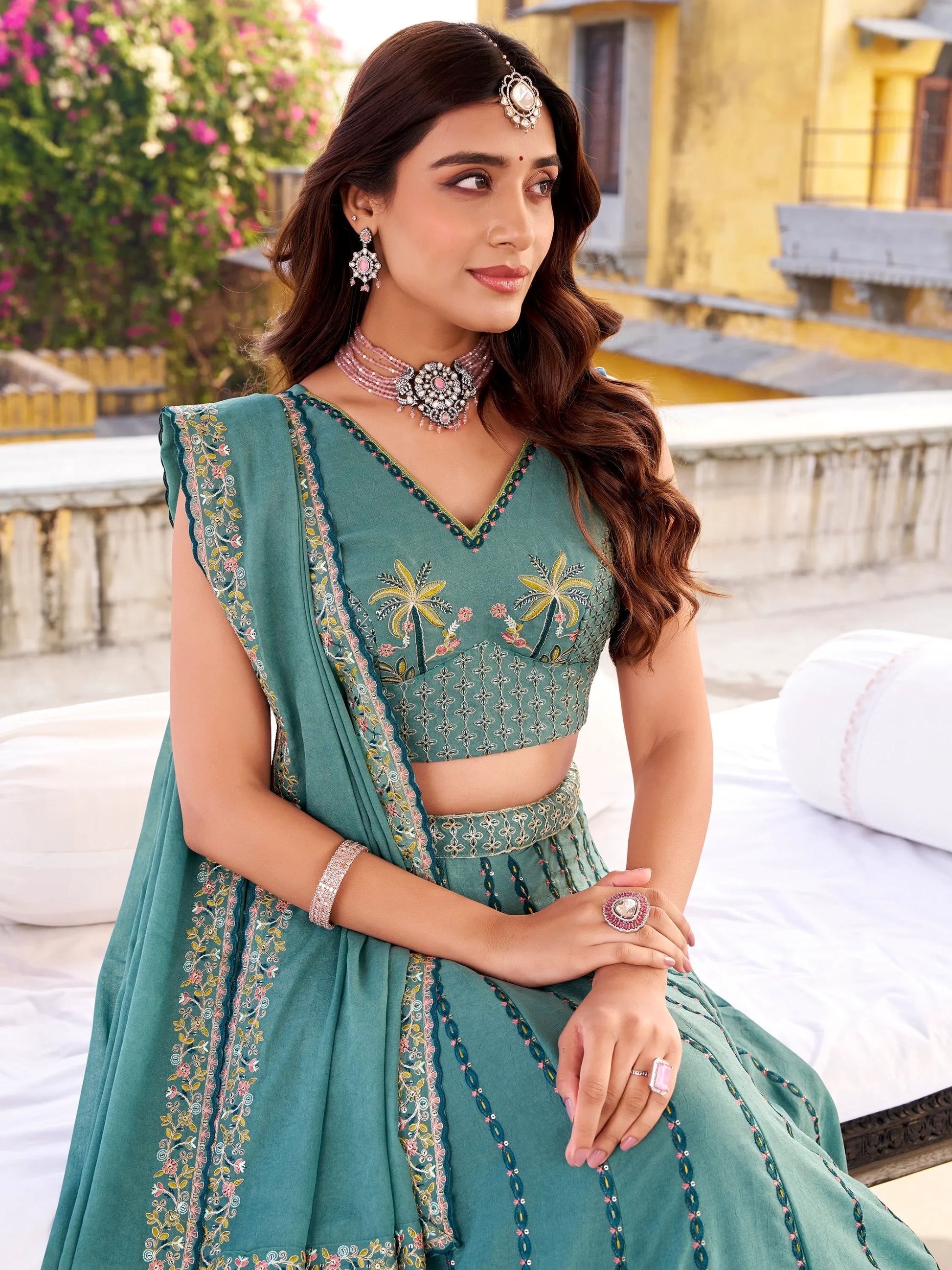 Aesthetic Sky Blue Sequins Silk Bridesmaid Lehenga Choli With Dupatta