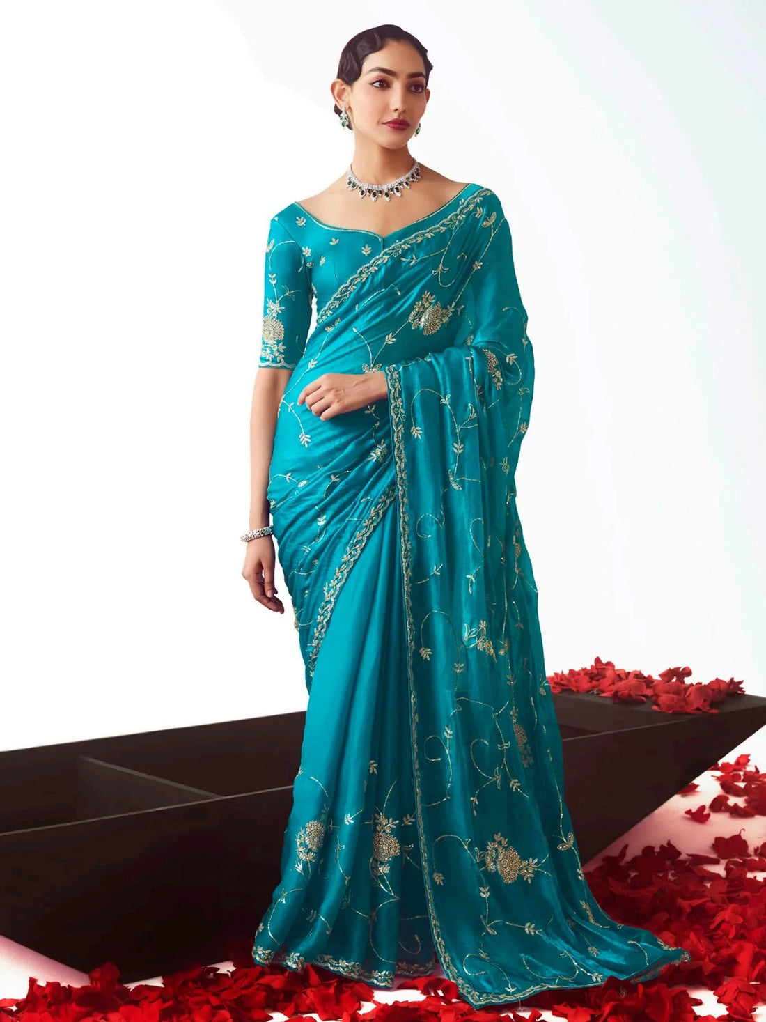 Aesthetic Teal Blue Embroidered Organza Festive Wear Saree With Blouse - Zeel Clothing