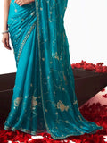 Aesthetic Teal Blue Embroidered Organza Festive Wear Saree With Blouse - Zeel Clothing