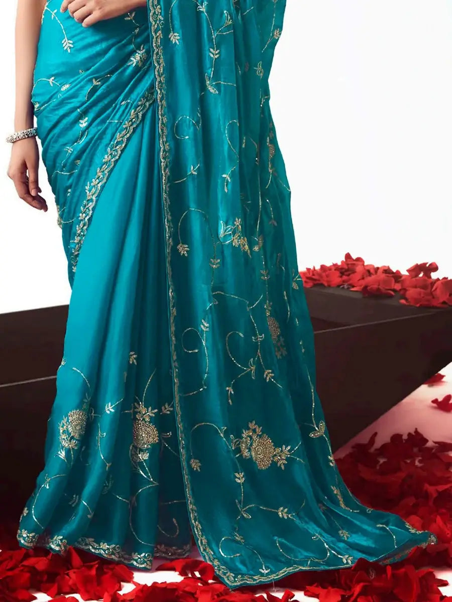 Aesthetic Teal Blue Embroidered Organza Festive Wear Saree With Blouse - Zeel Clothing