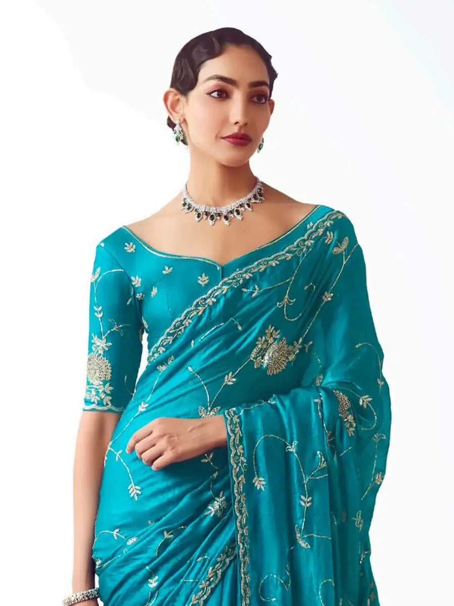 Aesthetic Teal Blue Embroidered Organza Festive Wear Saree With Blouse - Zeel Clothing