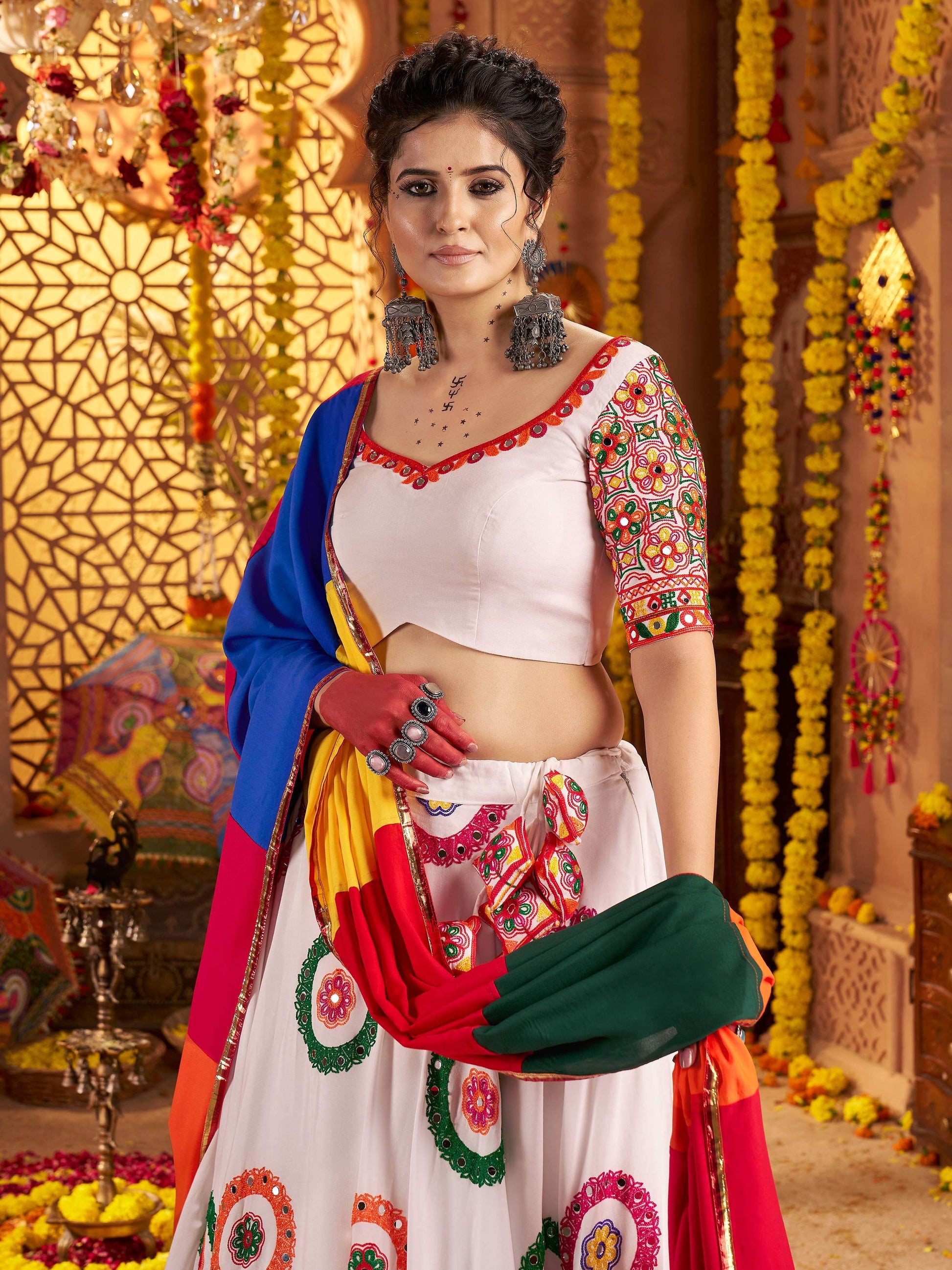 Aesthetic White Embroidered Cotton Navratri Wear Lehenga Choli With Dupatta - Zeel Clothing