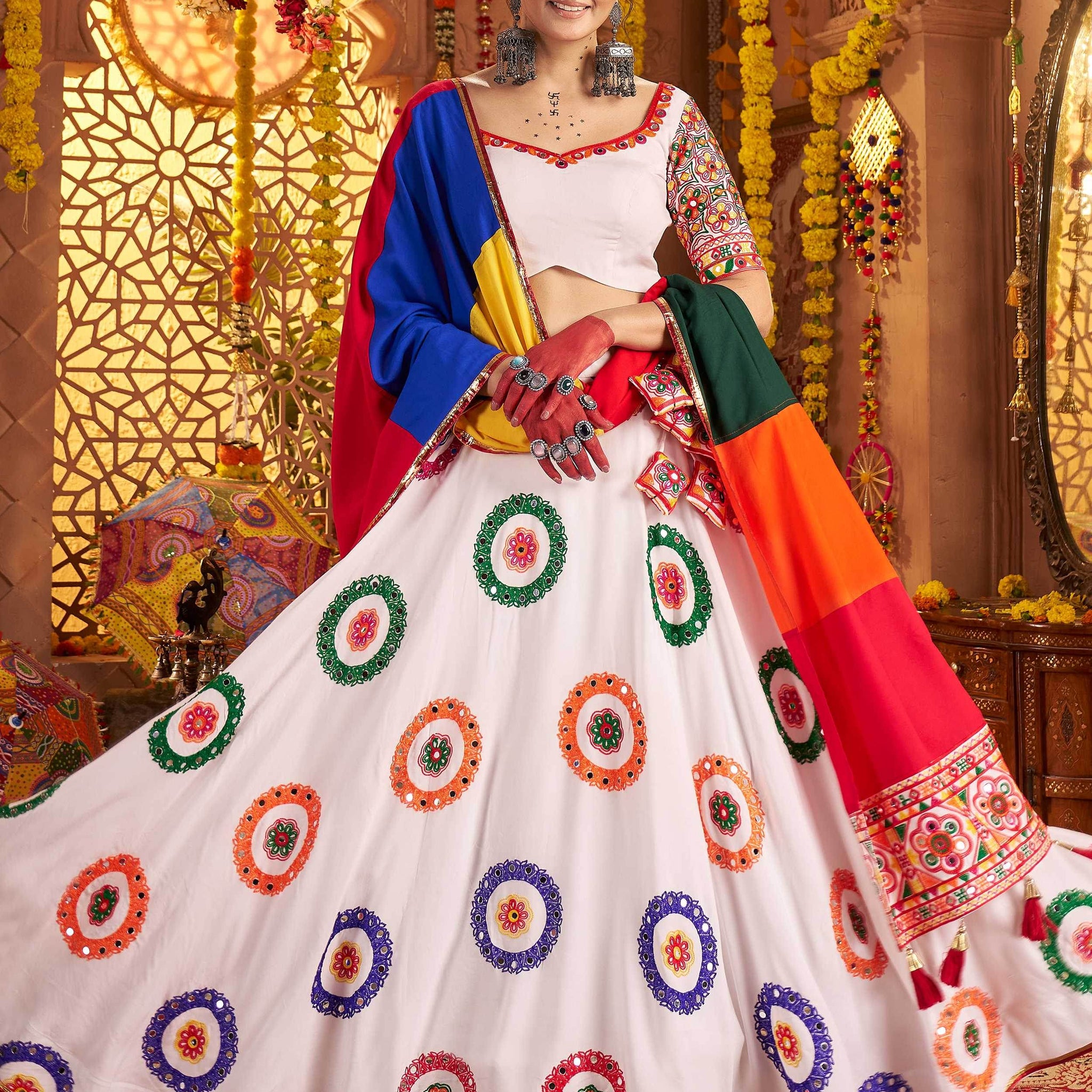 Aesthetic White Embroidered Cotton Navratri Wear Lehenga Choli With Dupatta - Zeel Clothing