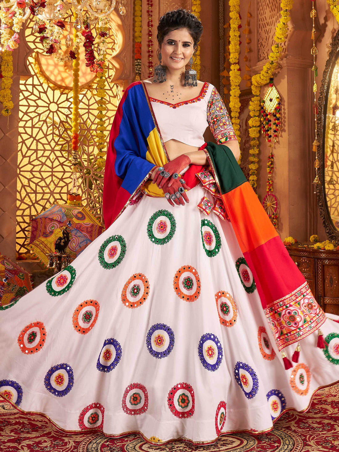 Aesthetic White Embroidered Cotton Navratri Wear Lehenga Choli With Dupatta - Zeel Clothing