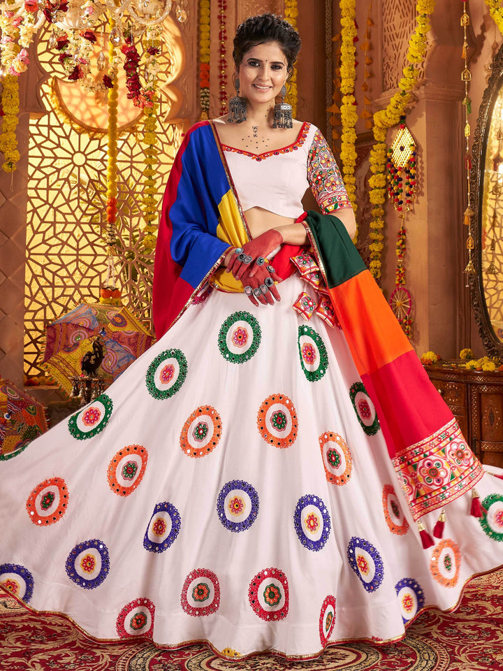 Aesthetic White Embroidered Cotton Navratri Wear Lehenga Choli With Dupatta - Zeel Clothing