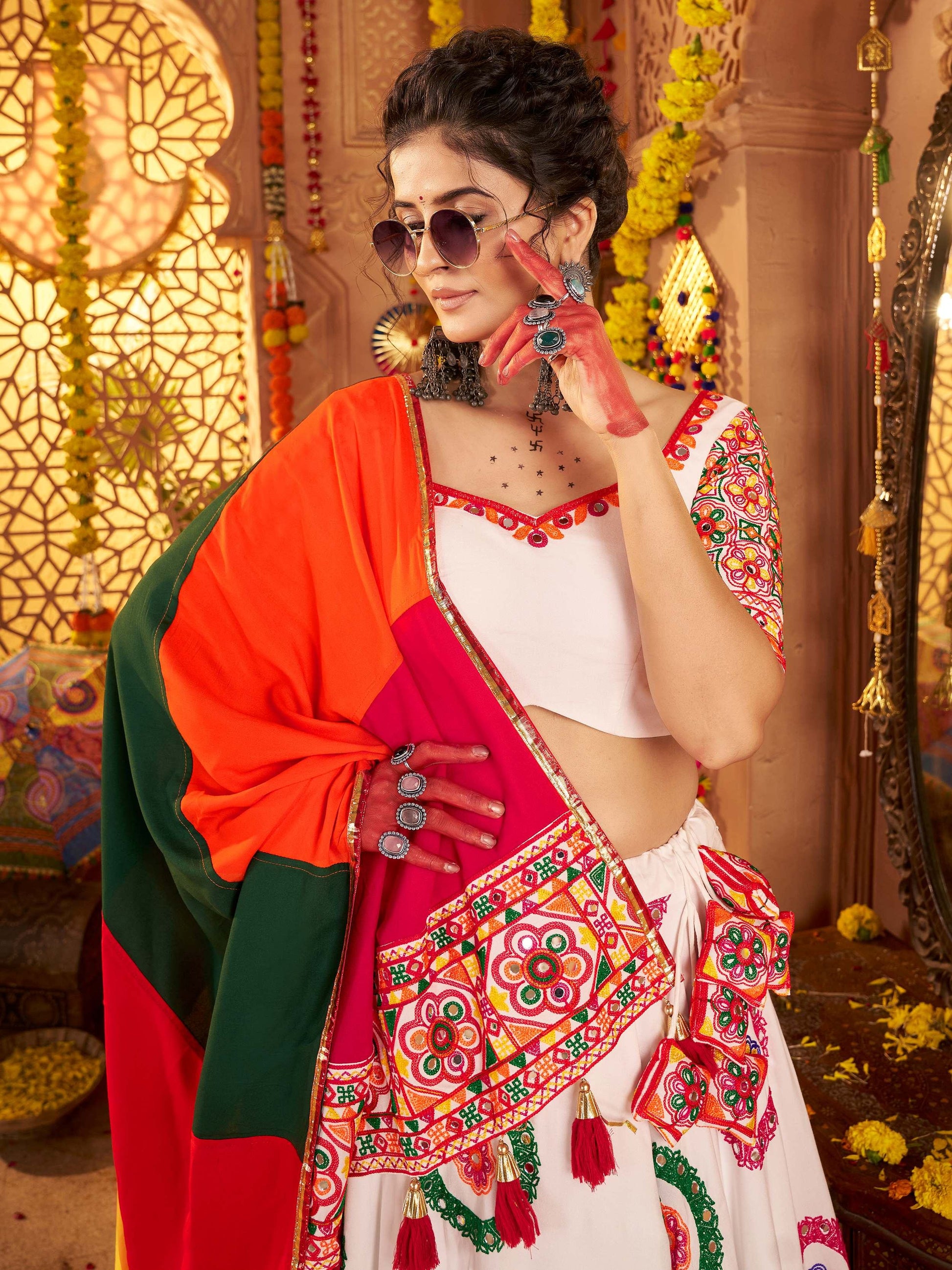 Aesthetic White Embroidered Cotton Navratri Wear Lehenga Choli With Dupatta - Zeel Clothing