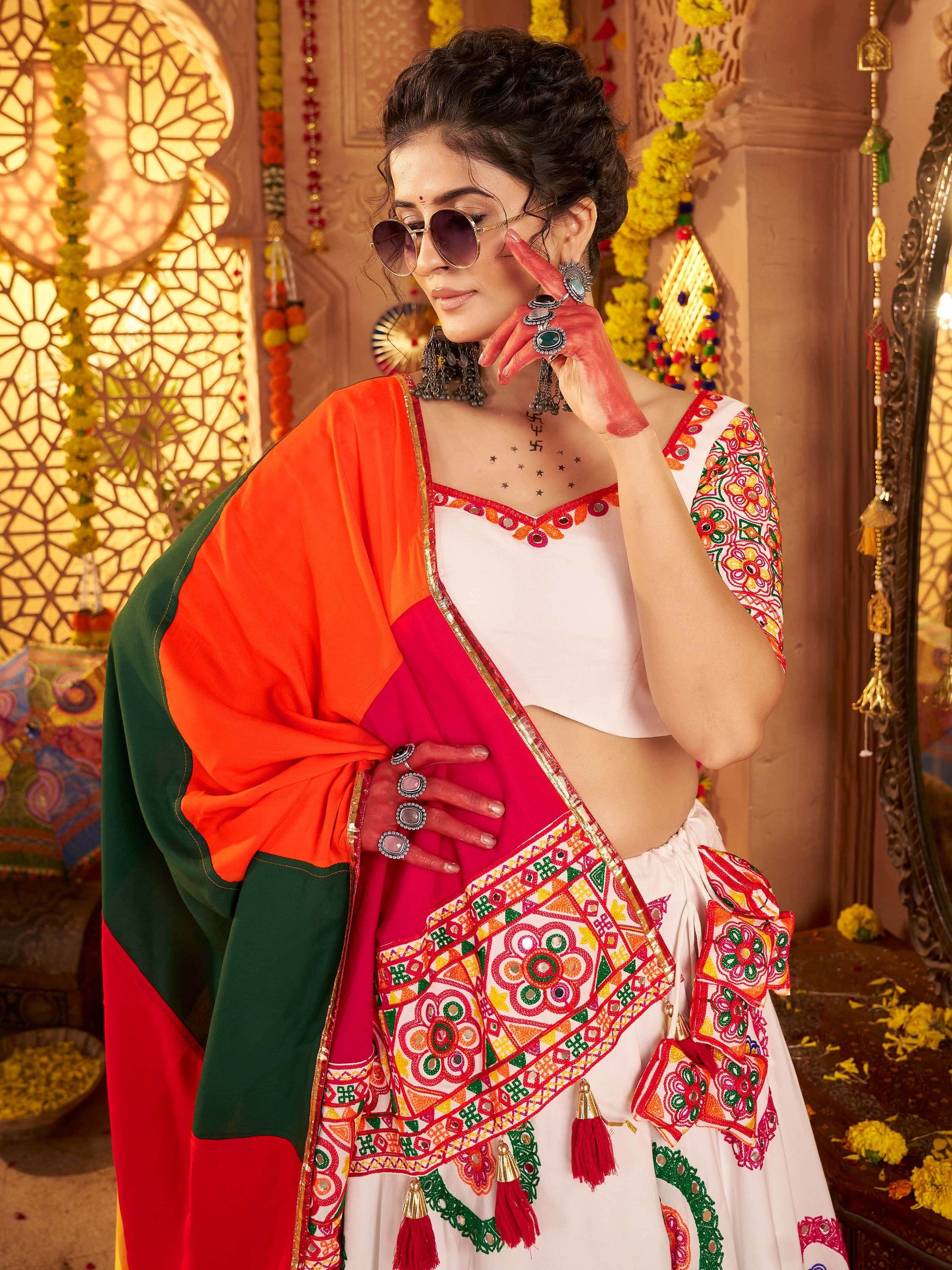 Aesthetic White Embroidered Cotton Navratri Wear Lehenga Choli With Dupatta - Zeel Clothing