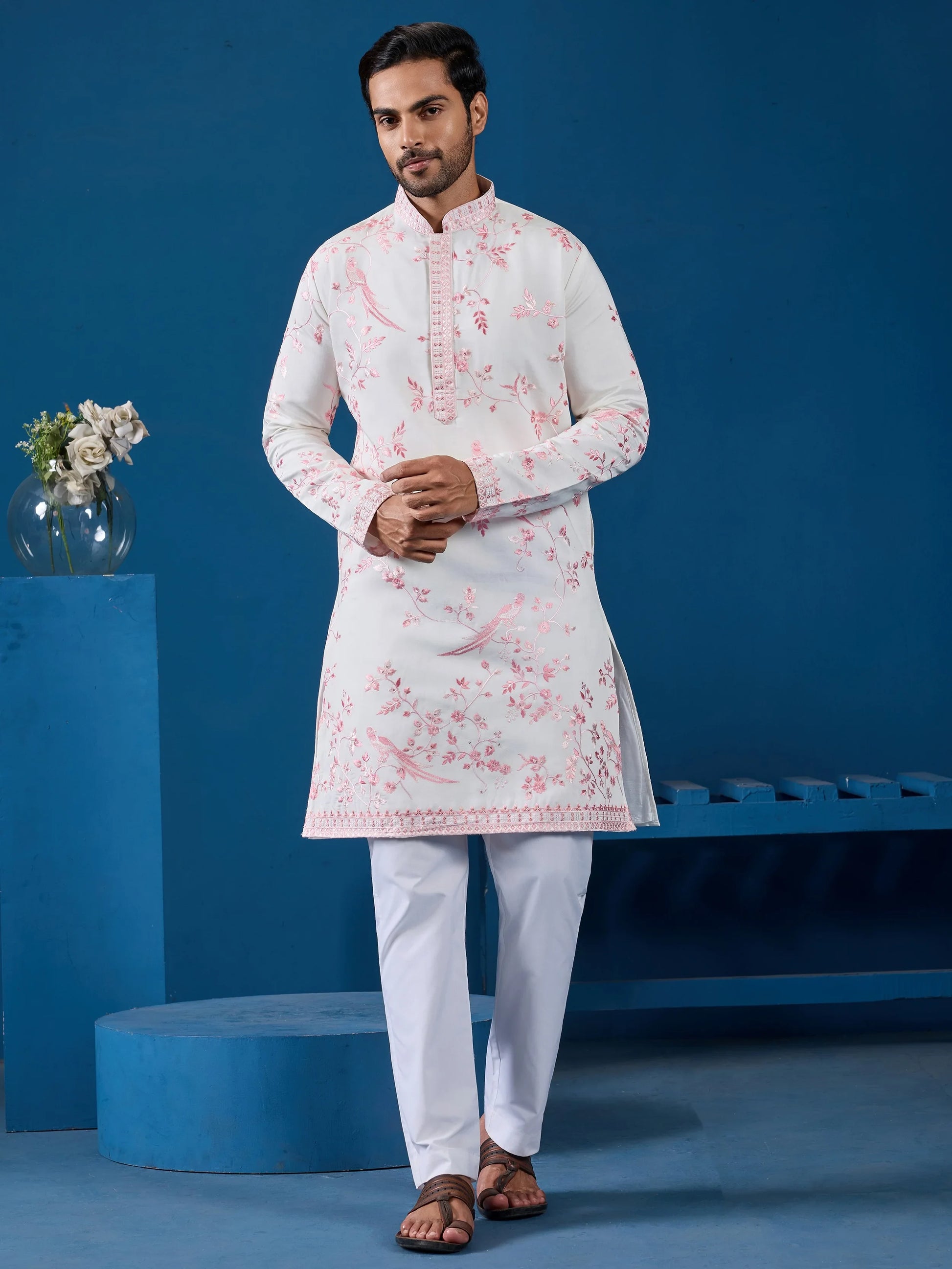 Aesthetic White Embroidered Silk Traditional Men Kurta