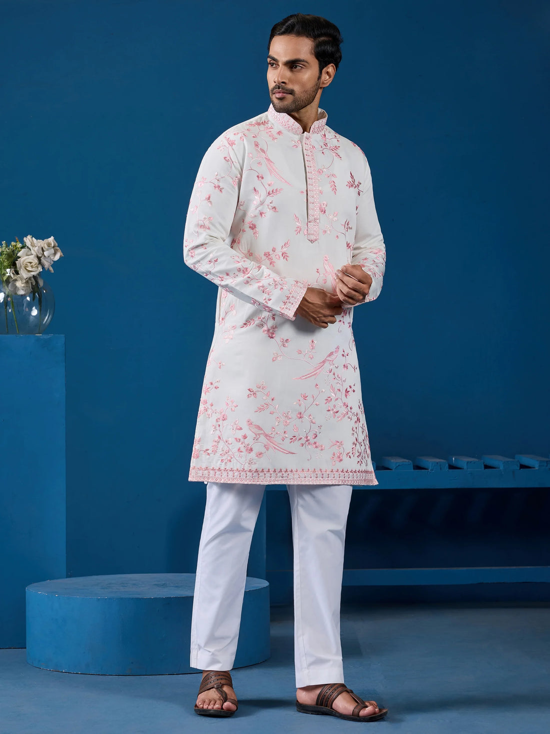 Aesthetic White Embroidered Silk Traditional Men Kurta