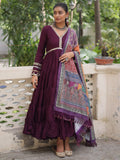 Aesthetic Wine Roman Silk Event Wear Gown With Printed Dupatta