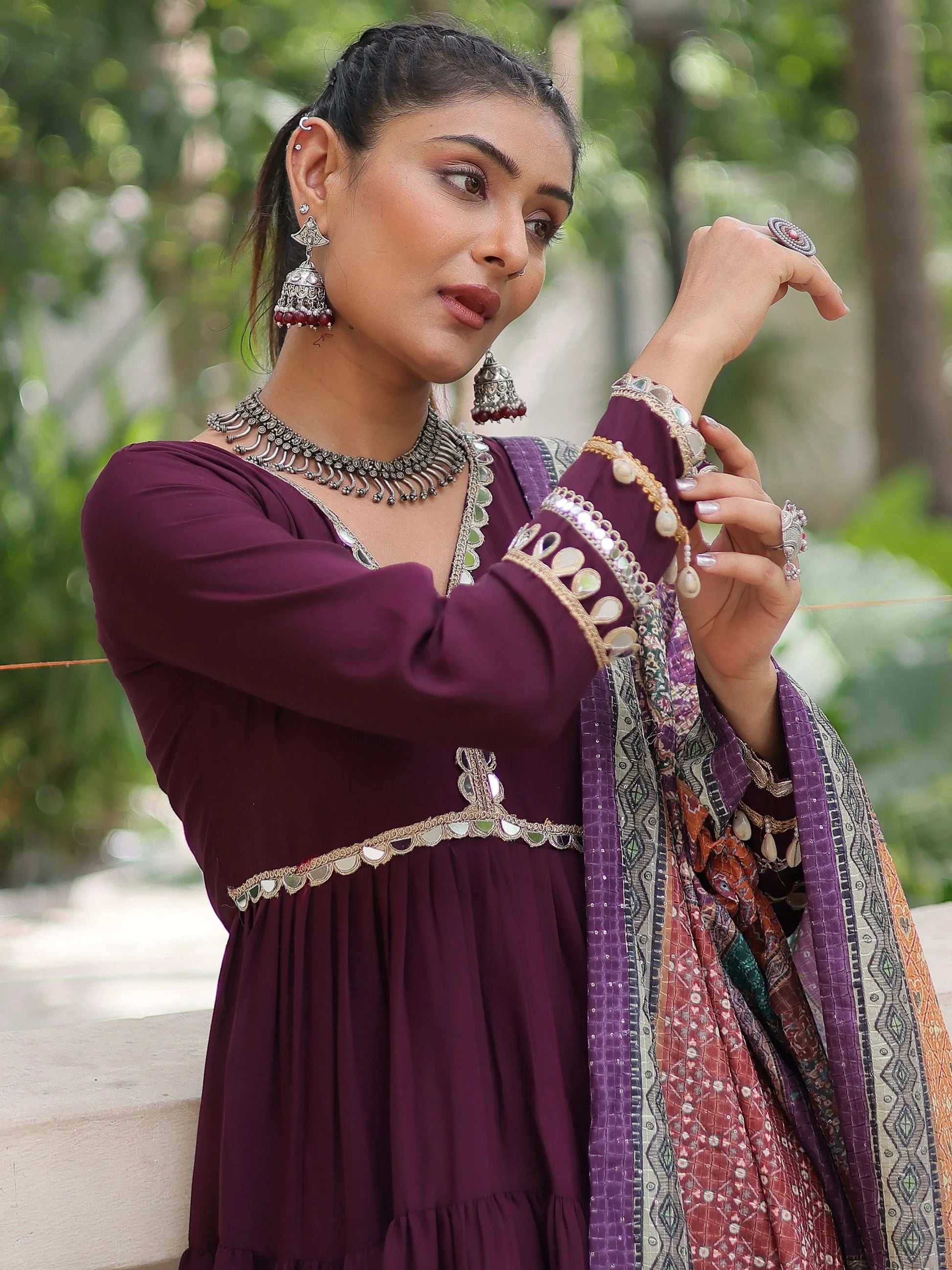 Aesthetic Wine Roman Silk Event Wear Gown With Printed Dupatta