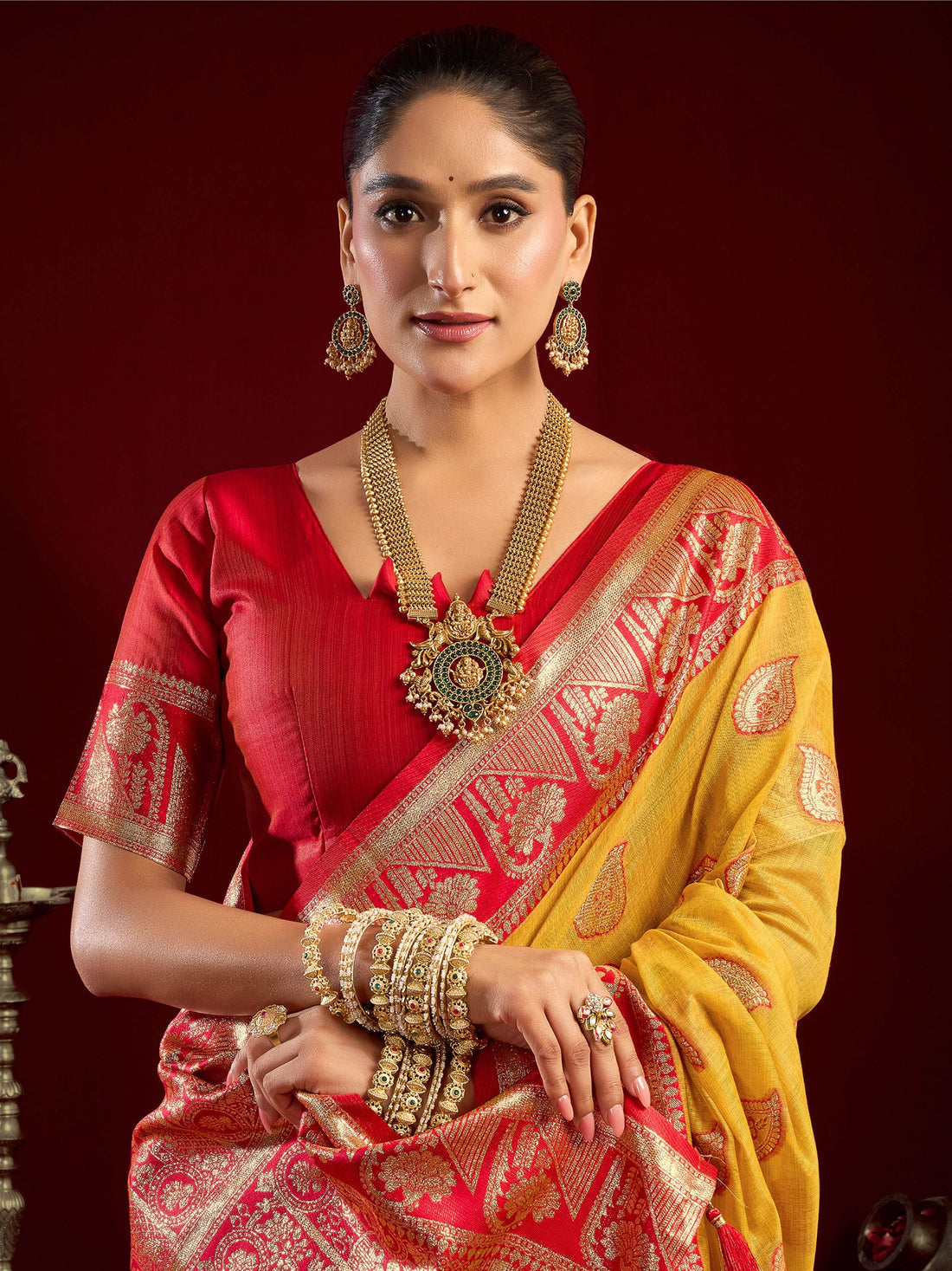 Aesthetic Yellow Zari Weaving Banarasi Silk Wedding Wear Saree With Blouse