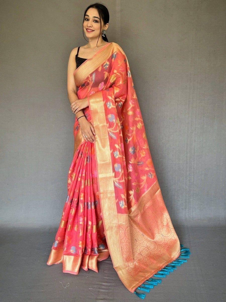 Agreeable Pink Woven Organza Tissue Silk Saree With Blouse