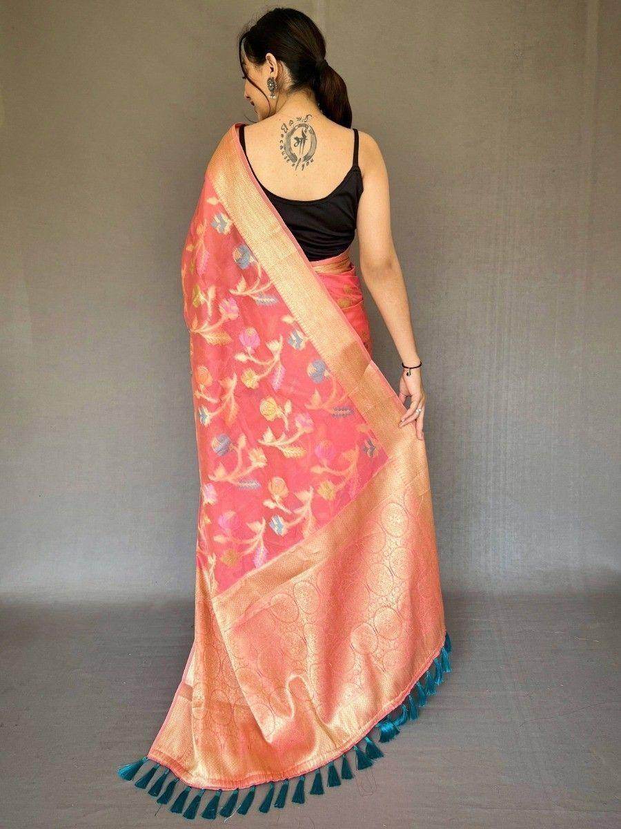 Agreeable Pink Woven Organza Tissue Silk Saree With Blouse - Zeel Clothing