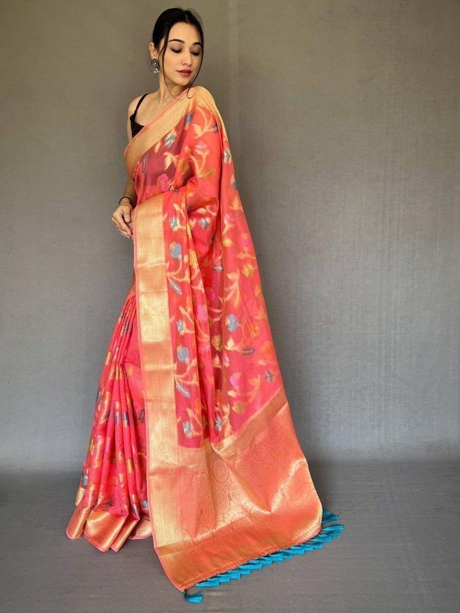 Agreeable Pink Woven Organza Tissue Silk Saree With Blouse