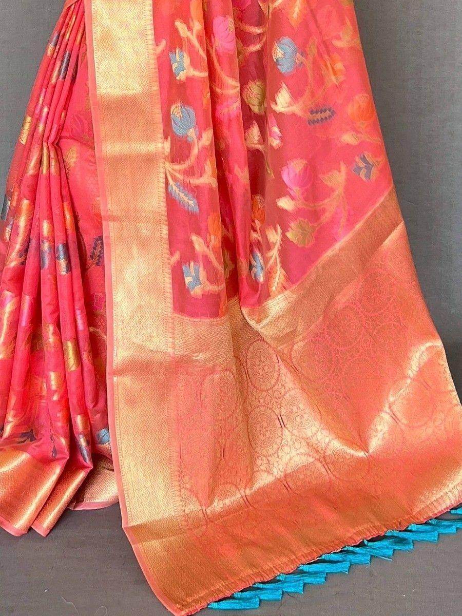 Agreeable Pink Woven Organza Tissue Silk Saree With Blouse - Zeel Clothing