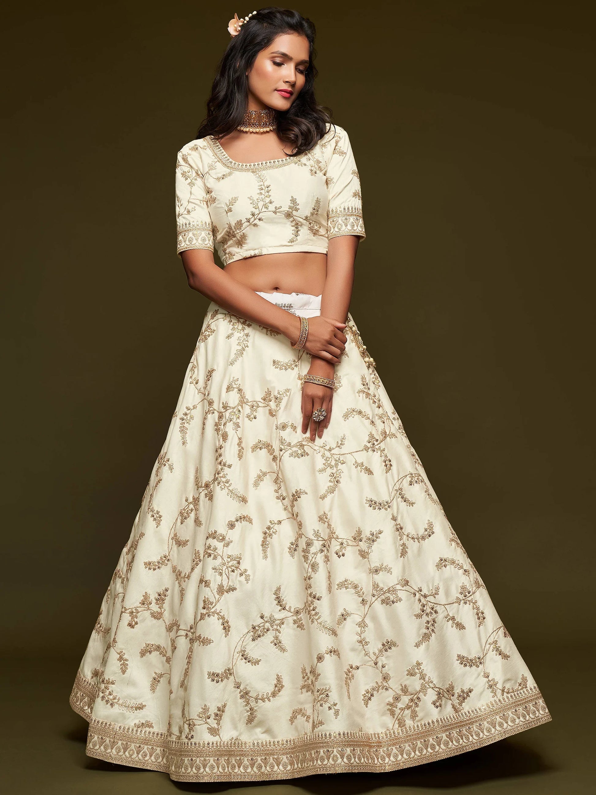 Agreeable White Thread Embroidery Art Silk Wedding Lehenga Choli - Zeel Clothing