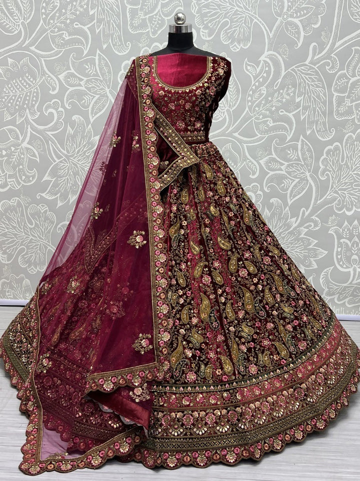 Wonderful Maroon Multi-Thread Velvet Lehenga Choli With Double Dupatta