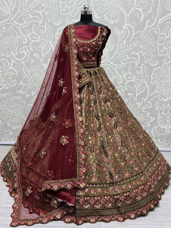 Awesome Beige Thread Work Bridal Lehenga Choli With Double Dupatta