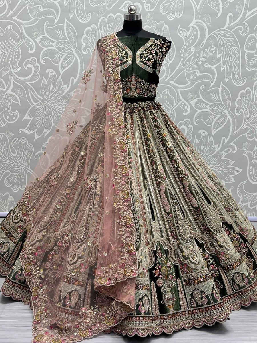 Classic Green Velvet Dori Work Bridal Lehenga Choli With Dupatta
