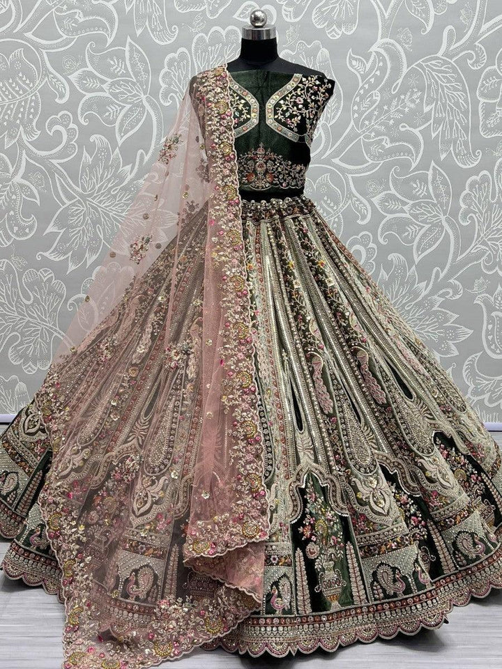 Classic Green Velvet Dori Work Bridal Lehenga Choli With Dupatta