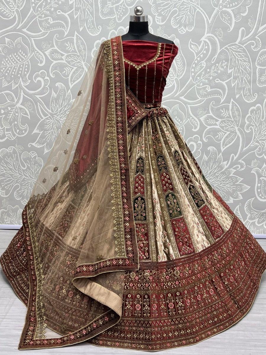 Stunning Beige Dori Work Velvet Lehenga Choli With Double Dupatta