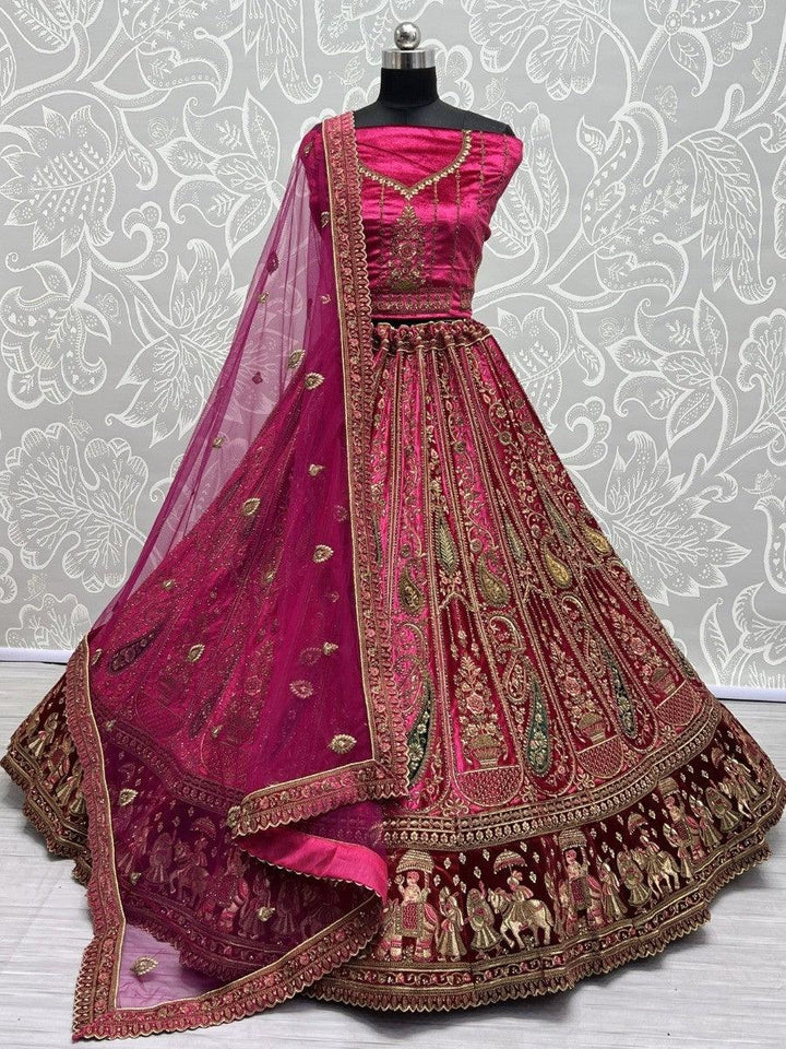 Gorgeous Rani Pink Multi-Thread Work Velvet Bridal Lehenga Choli