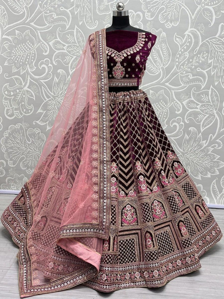 Alluring Purple Dori Work Velvet Bridal Lehenga Choli With Dupatta