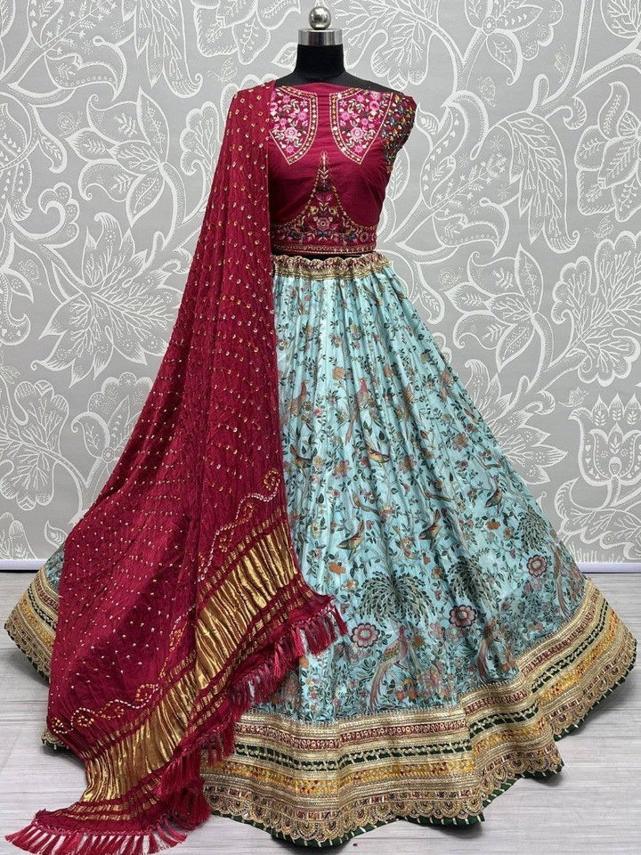 Splendid Sky-Blue Flored Printed Silk Traditional Lehenga Choli