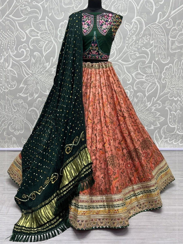 Awesome Peach Digital Printed Silk Lehenga Choli With Bandhani Dupatta