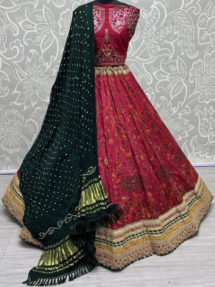 Great Rani Pink Floral Print Silk Lehenga Choli With Bandhani Dupatta