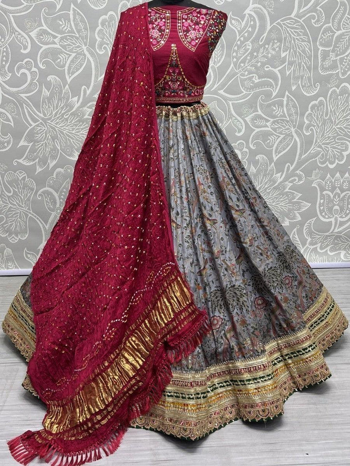 Magnific Grey Floral Print Silk Lehenga Choli With Bandhani Dupatta