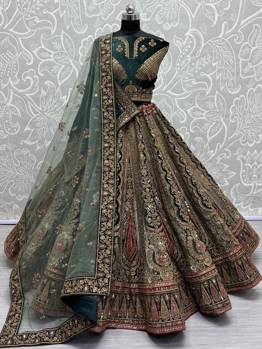 Gorgeous Green Embroidered Velvet Lehenga Choli With Double Dupatta