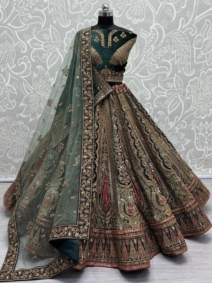 Gorgeous Green Embroidered Velvet Lehenga Choli With Double Dupatta