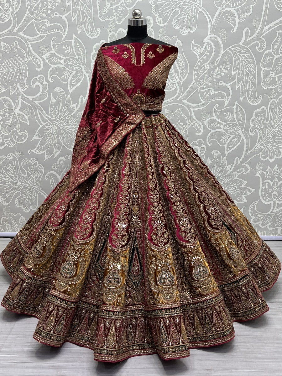 Lovely Maroon Embroidered Velvet Bridal Lehenga Choli With Double Dupatta