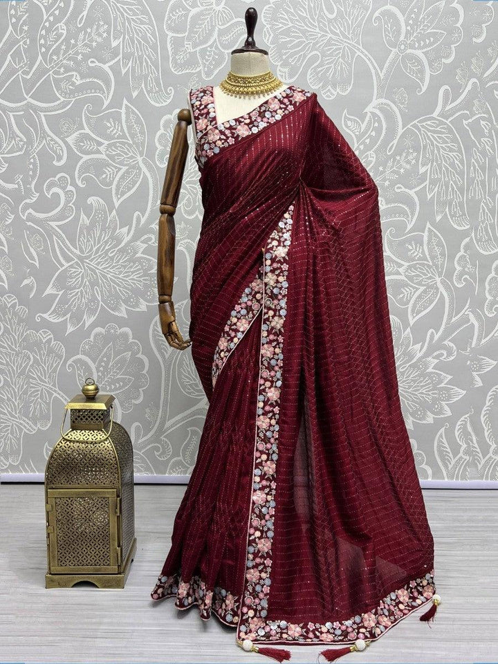 Fancified Maroon Sequins Silk Reception Wear Saree With Blouse