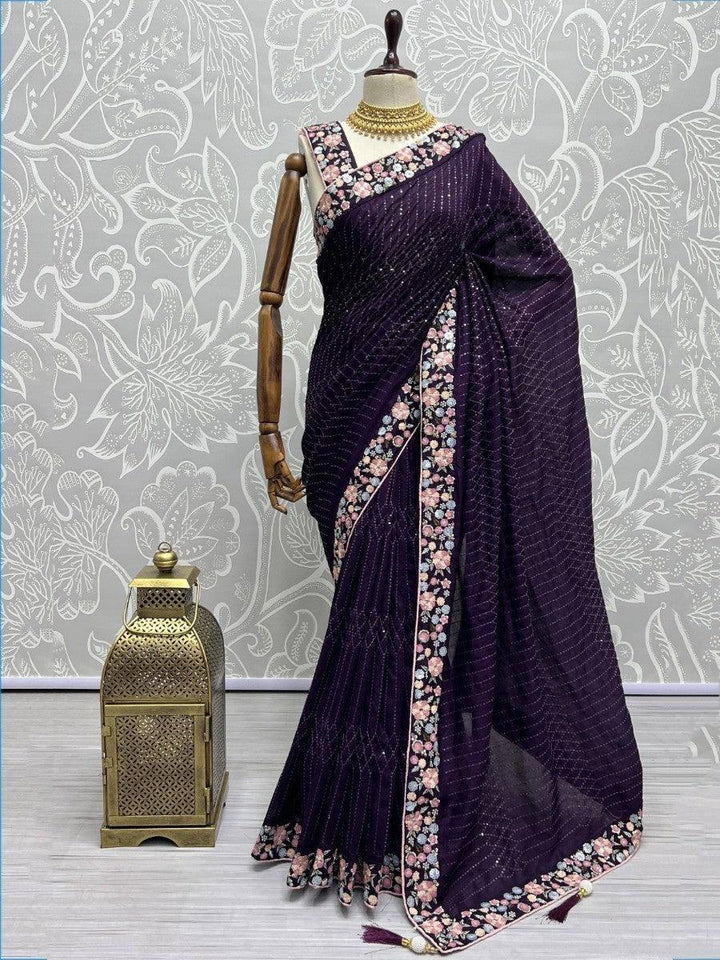 Incredible Dark Purple Sequins Silk Engagement Wear Saree & Blouse